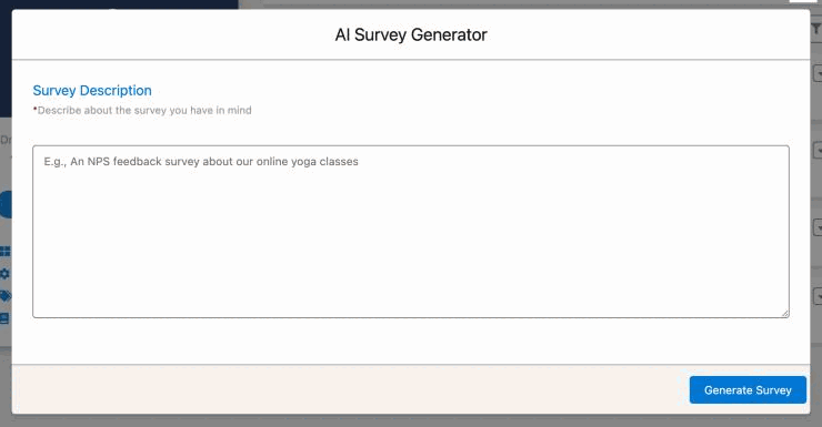 The AI Survey Generator dialog with the Survey Description box and the Generate Survey button.