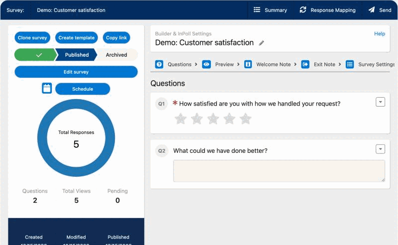 The survey builder with the Questions, Preview, Welcome Note, Exit Note and Survey Settings tabs.