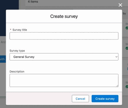 The Create survey dialog with the Survey title, Survey type and Description fields.