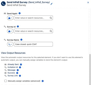 The Send InPoll Survey action settings panel with Survey Name, Related Record Id and Recipient Id.