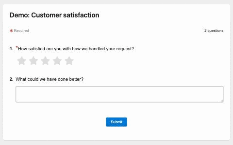 A survey page on a desktop: a white card with the title, the questions and the Submit button.