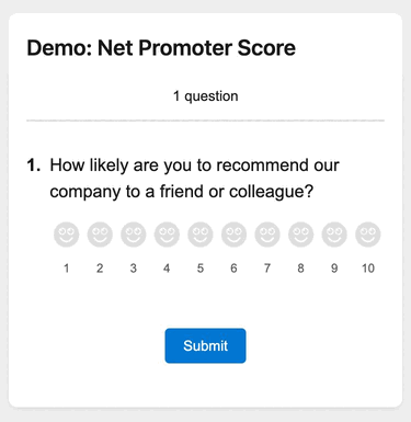 A public survey page on a phone showing a numbered 1 to 10 NPS scale in one row.