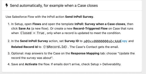 The Send automatically card with its steps and the survey Id with a Copy button.