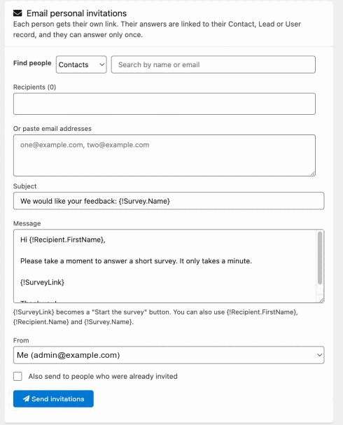 The Email personal invitations card with Find people, the Recipients list, the paste box, Subject, Message, From and the Send invitations button.