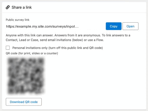 InPoll Send screen with the public survey link, a QR code and the Personal invitations only option
