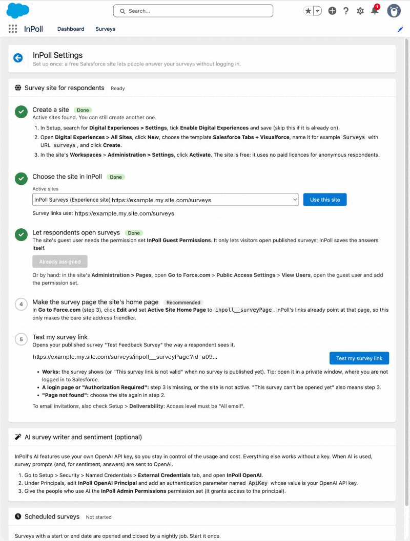 The InPoll Settings page with the Survey site for respondents, AI survey writer and Scheduled surveys cards.