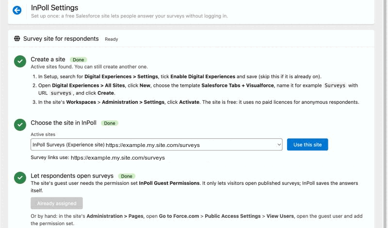 The Survey site for respondents card with all steps marked Done: create a site, choose the site, let respondents open surveys, and test the link.