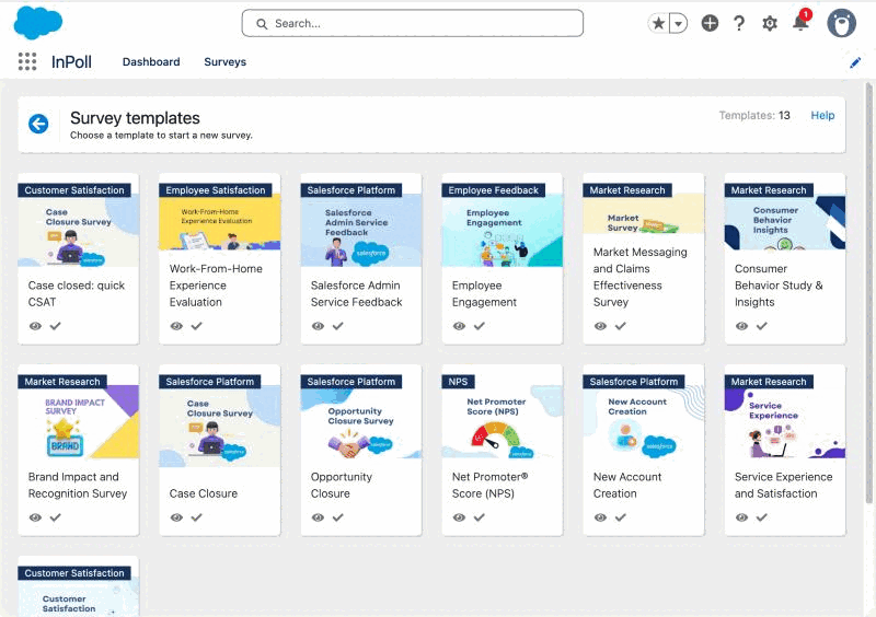 InPoll survey templates page with the template Case closed: quick CSAT first