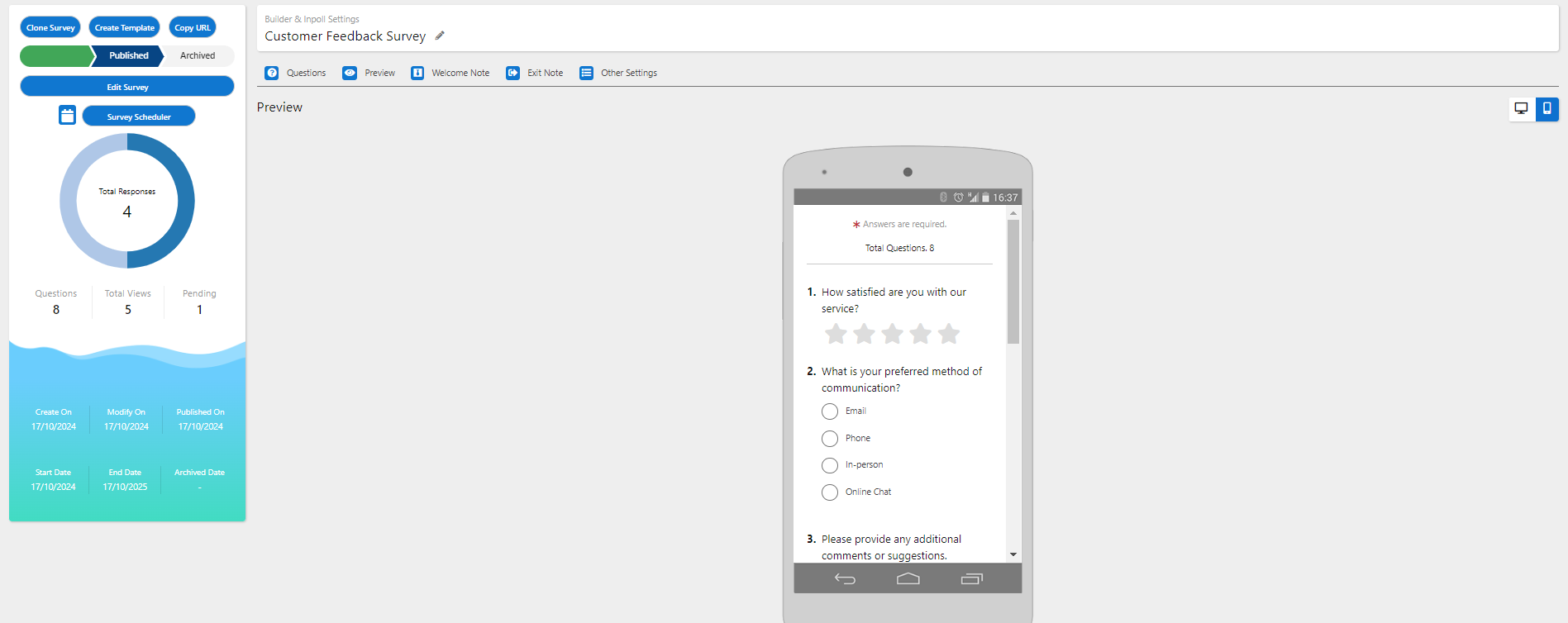 The Preview tab in mobile view, showing the survey inside a phone frame.