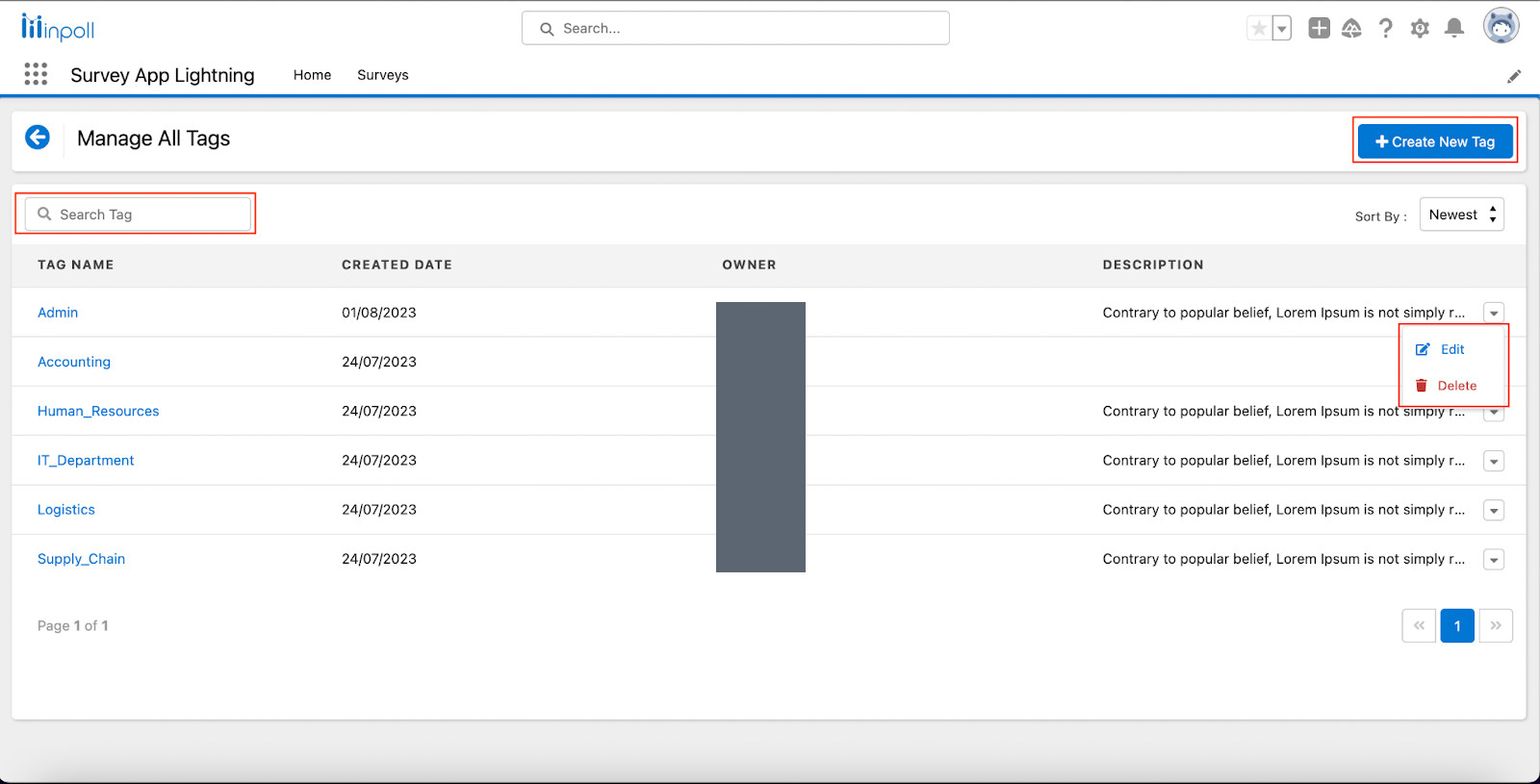 The Manage All Tags page with a Create New Tag button, a Search Tag box and a list of tags, with the Edit and Delete menu open on one tag.