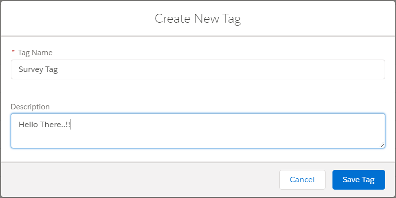 The Create New Tag dialog with a Tag Name field, a Description field and the Save Tag button.