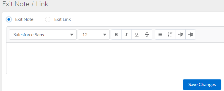The Exit Note / Link tab with the Exit Note and Exit Link options, a rich text editor and the Save Changes button.