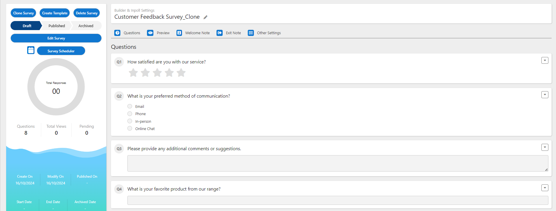 The survey builder for a draft survey. The Questions tab lists the questions, and the left panel shows the Draft status and the Survey Scheduler button.