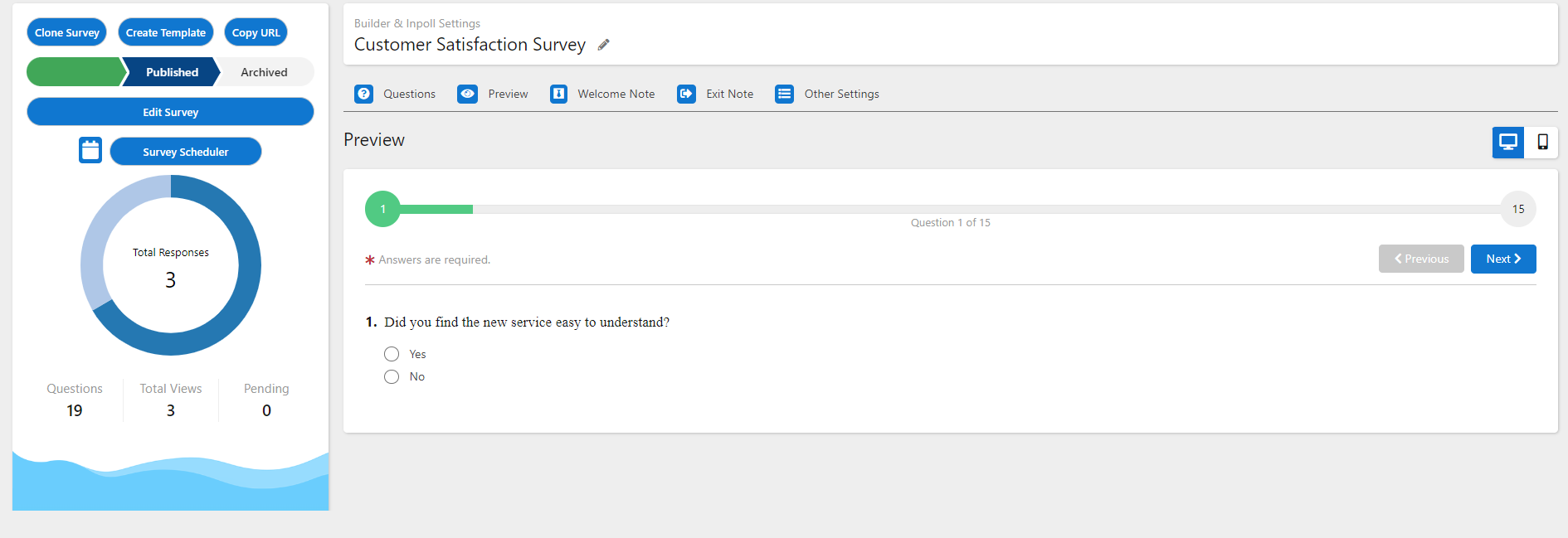 The Preview tab showing the first question of a survey, with the Desktop View and Mobile View icons at the top right.