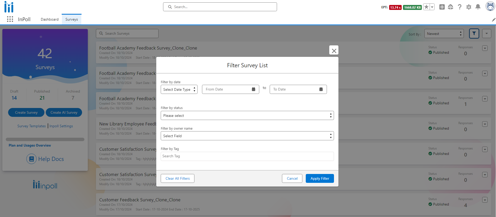 The Filter Survey List window with date, status, owner and tag filters, and the Clear All Filters, Cancel and Apply Filter buttons.
