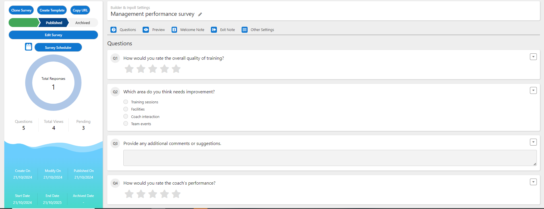 A survey page. The panel on the left has the Clone Survey, Create Template and Copy URL buttons above the Draft, Published and Archived status path.