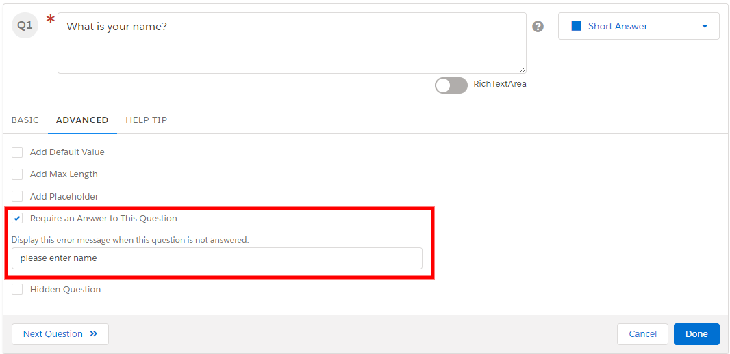 A Short Answer question with Require an Answer to This Question selected and the error message "please enter name" typed in the box below it.