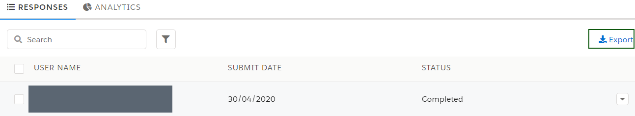 Export button at the top right of the Responses tab.