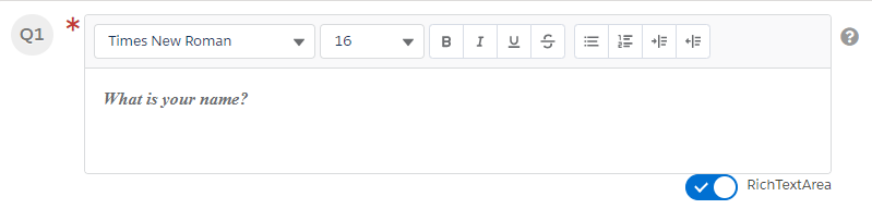 The question box in rich text mode, with a toolbar for font, size, bold, italic, underline, strikethrough, lists and indent, and the RichTextArea toggle turned on.