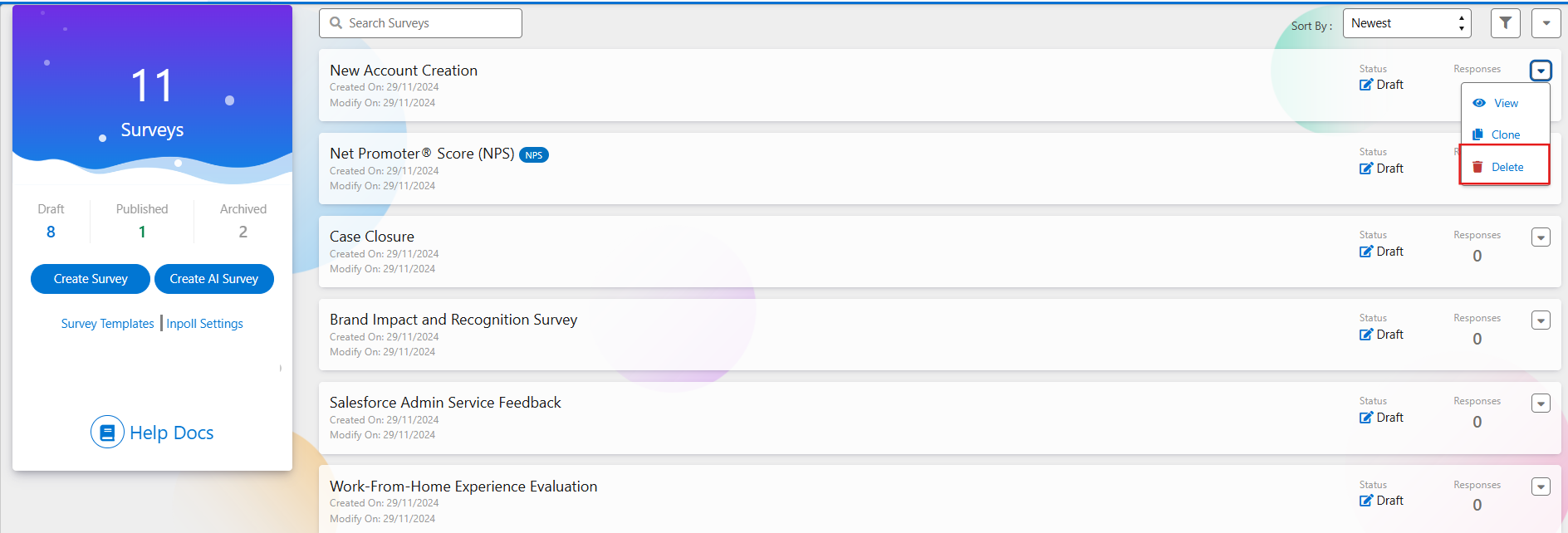 The survey list with the Show More menu open on a draft survey. The Delete option is highlighted below View and Clone.