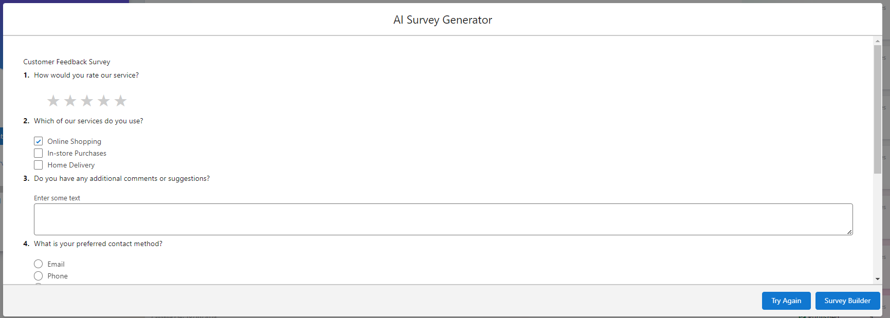 The updated preview of a generated Customer Feedback Survey with a star rating question, a checkbox question and a text question, and the Try Again and Survey Builder buttons.