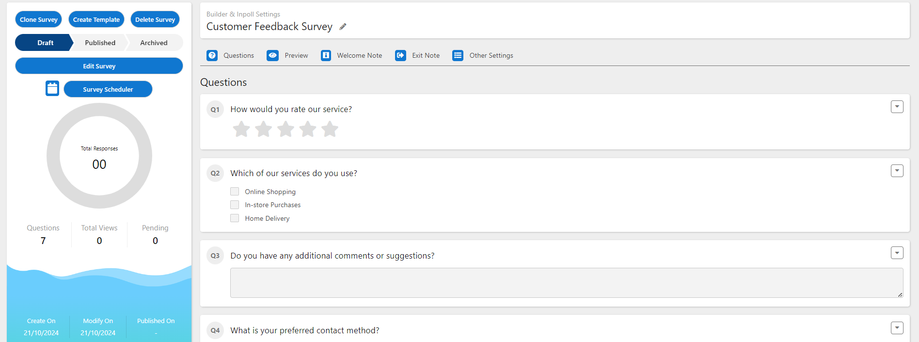 The survey builder showing the generated survey as a draft. The panel on the left shows the Draft status, and the Questions tab lists the generated questions.