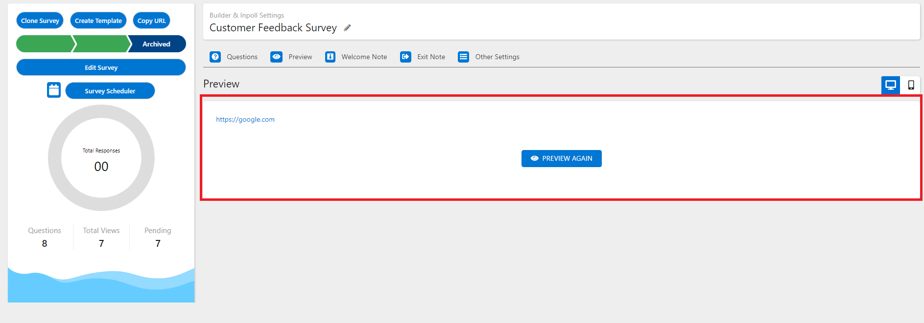 The Preview tab showing the exit link as a web address, with a Preview Again button.