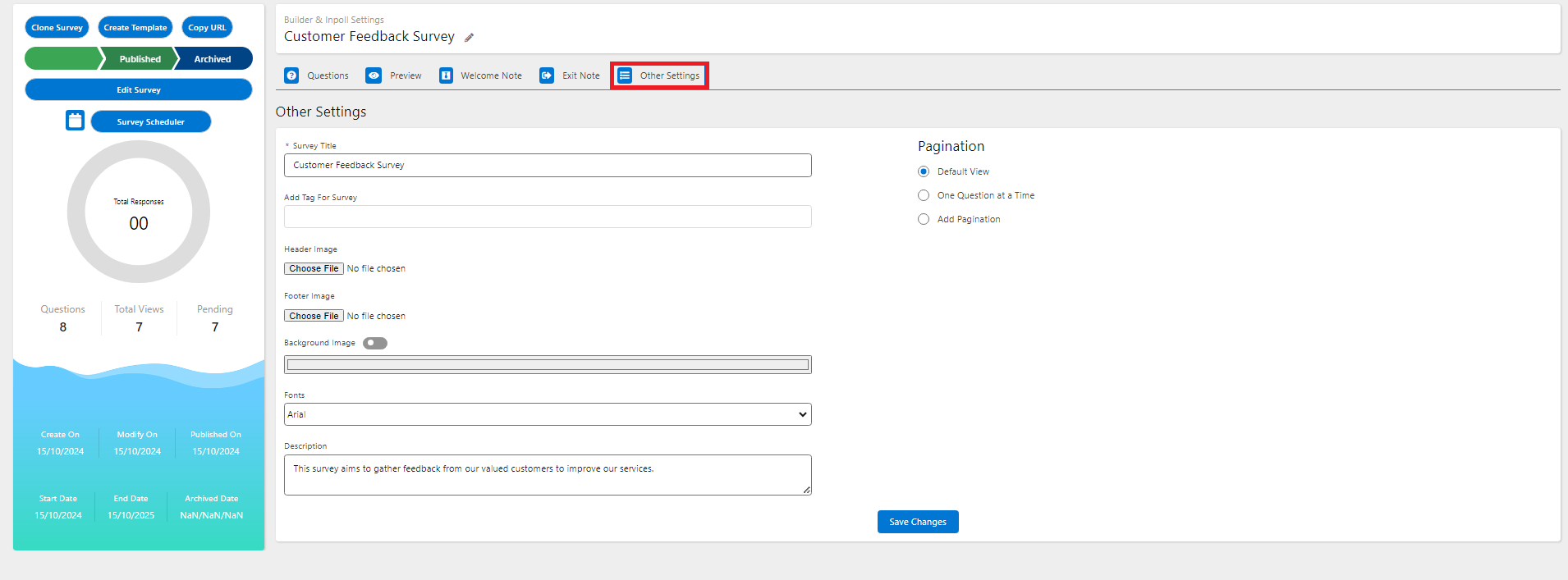 The Survey Settings tab with fields for the survey title, tags and description, and the Pagination options.