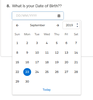 A date picker question with the DD/MM/YYYY box and a calendar open.
