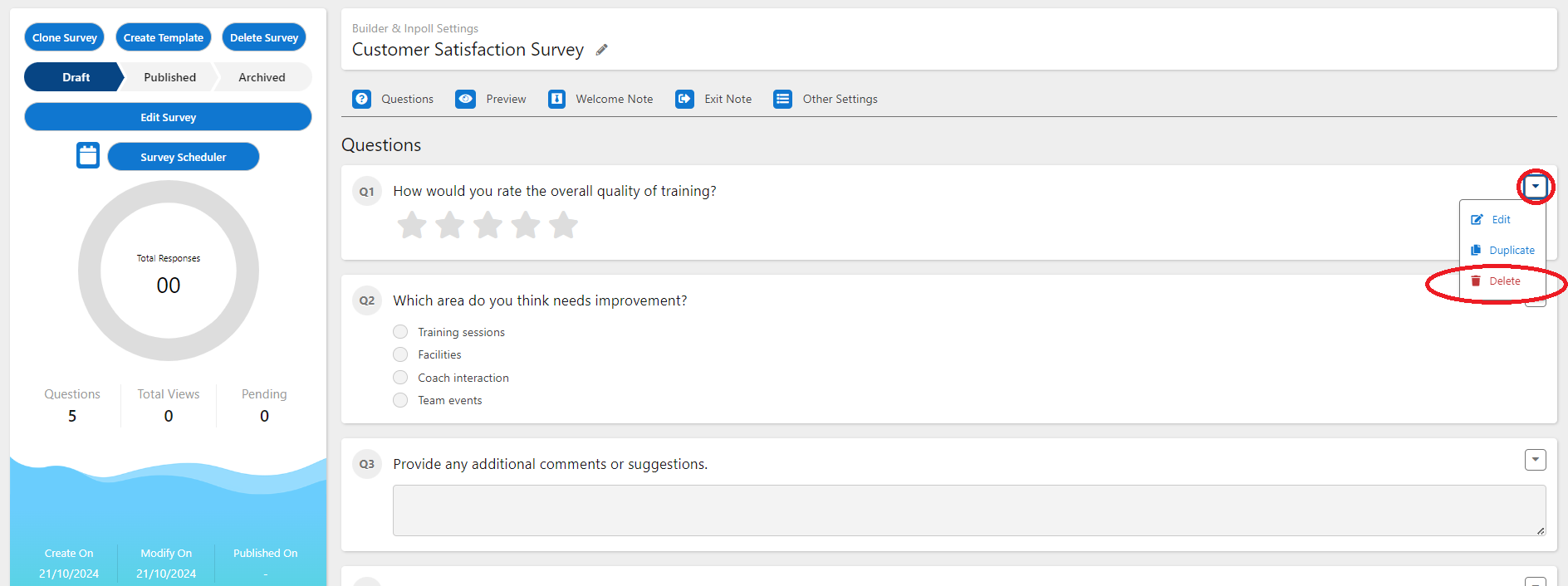 A draft survey with the arrow menu open on the first question, showing Edit, Duplicate and Delete.