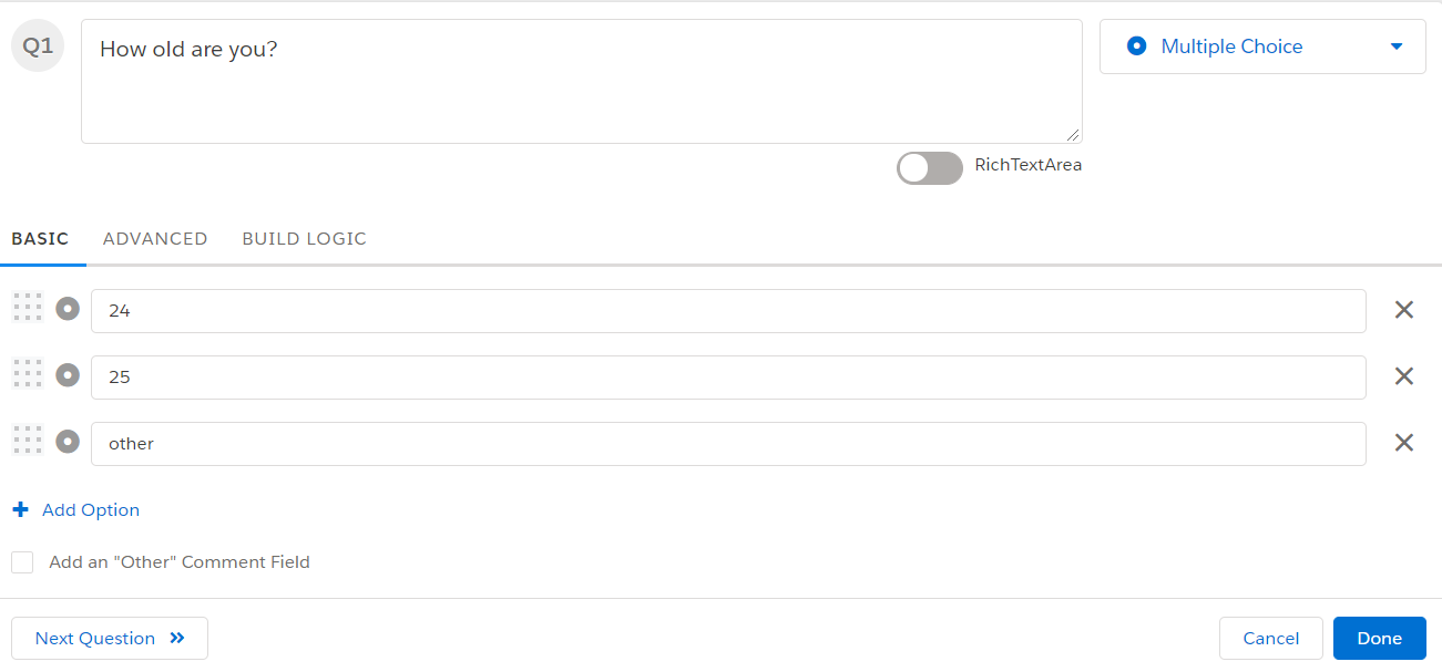 The question editor for a multiple choice question, with answer options, the Add Option link, and the Cancel and Done buttons.