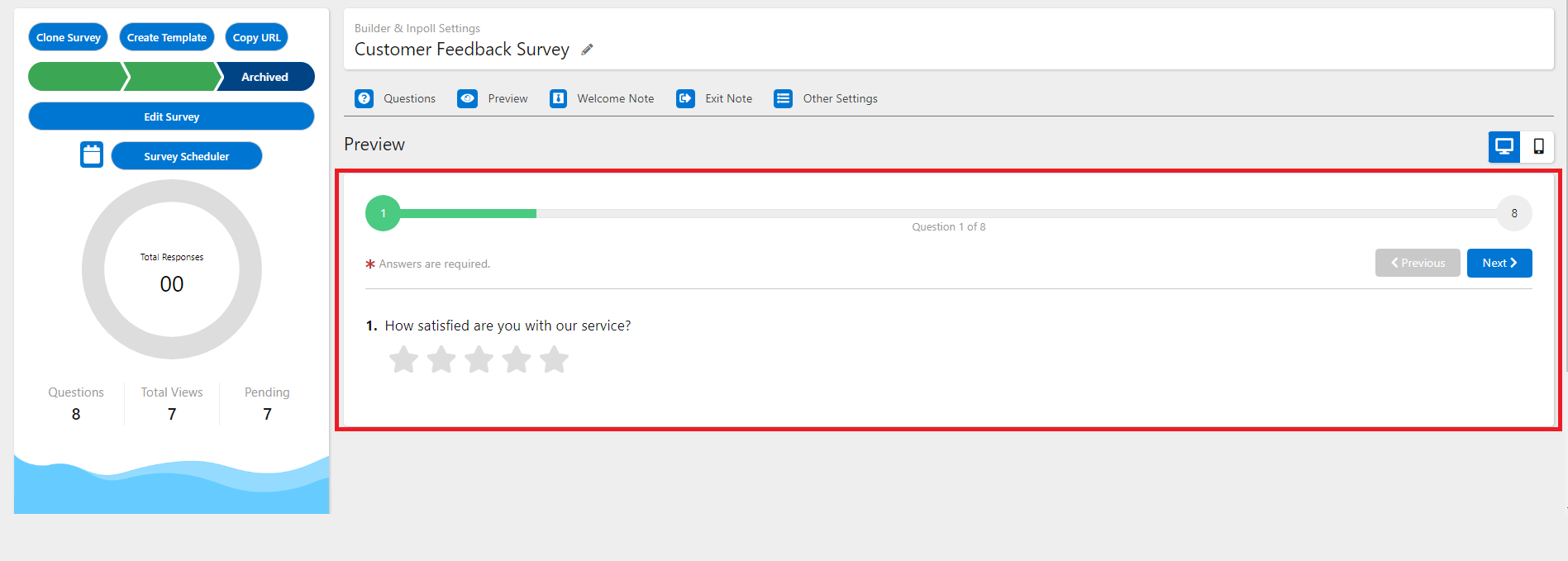 The Preview tab with one question shown, a progress bar, and the Previous and Next buttons.