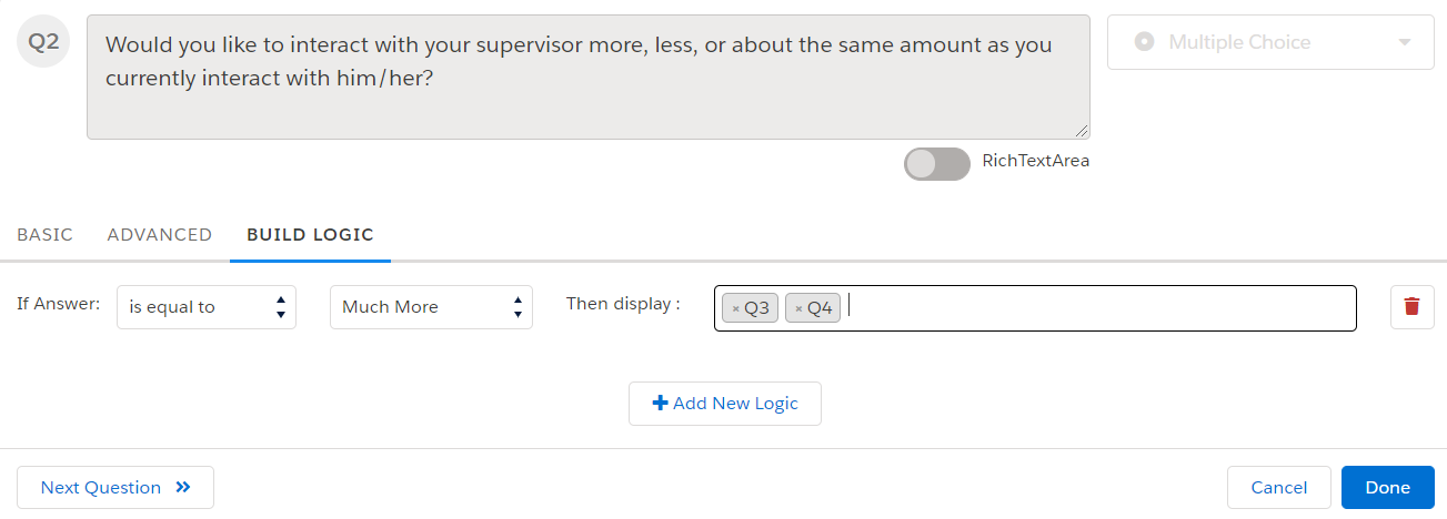 The Build Logic tab of the question editor, with a rule that shows questions Q3 and Q4 for one answer, and a delete icon at the right of the rule.