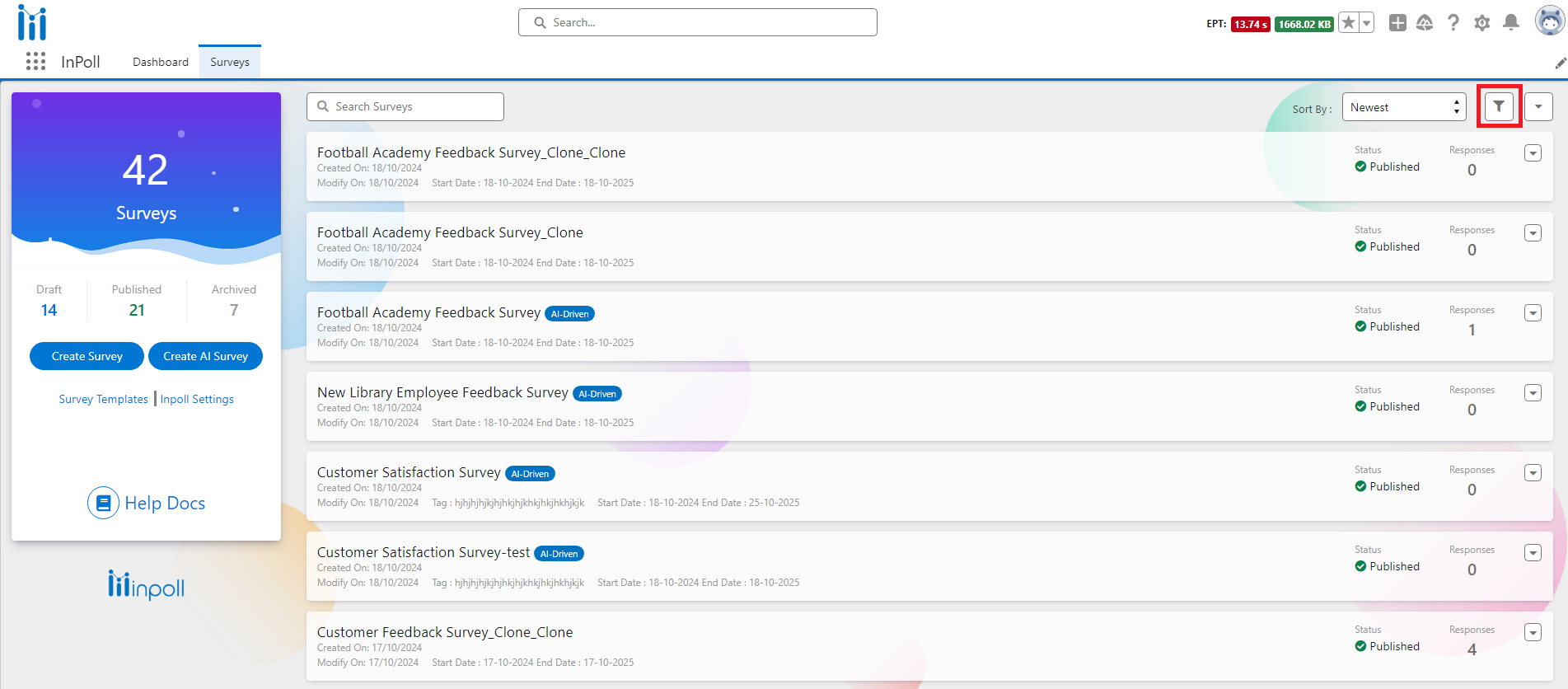 The Surveys tab with the filter button highlighted at the upper right of the survey list.