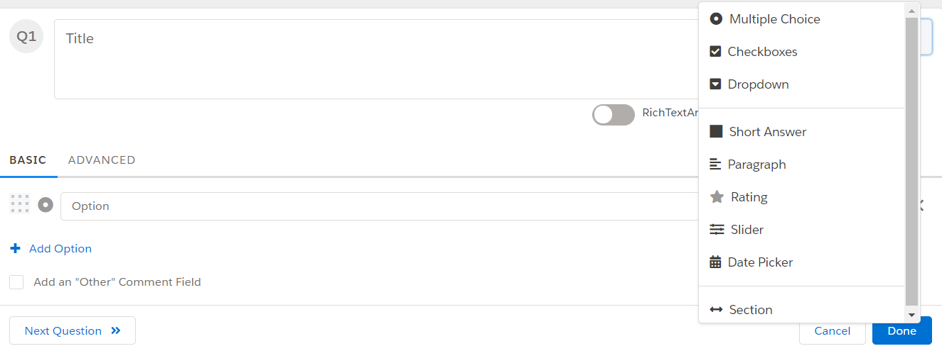 The question type list with Multiple Choice, Checkboxes, Dropdown, Short Answer, Paragraph, Rating, Slider, Date Picker and Section.