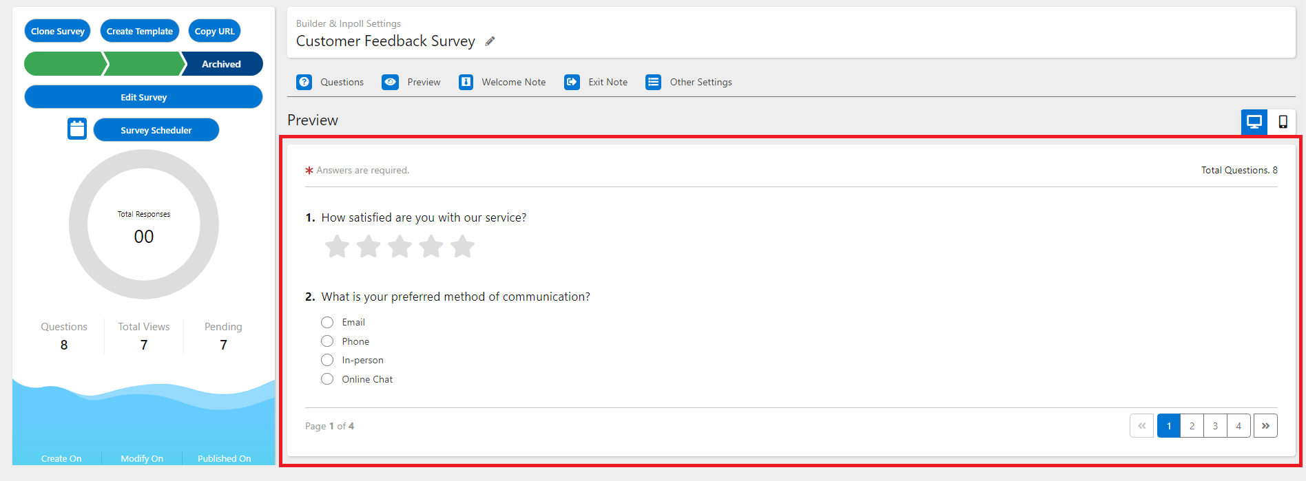 The Preview tab with two questions on a page and page numbers at the bottom.