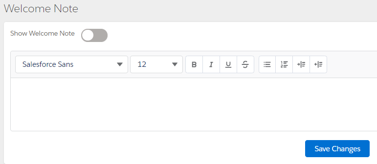 The Welcome Note tab with the Show Welcome Note toggle, a rich text editor and the Save Changes button.