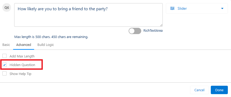 A Slider question with Hidden Question selected in the advanced options.