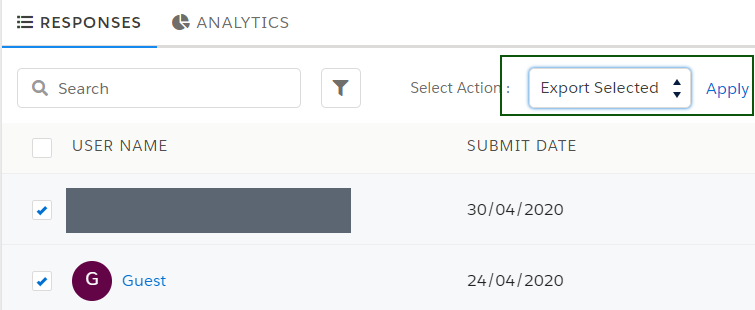Select Action list on the Responses tab with Export Selected chosen and the Apply button.