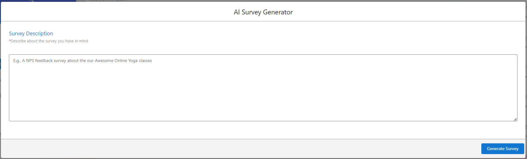 The AI Survey Generator dialog with an empty Survey Description box and the Generate Survey button.