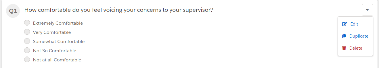A multiple choice question in the builder with its Actions menu open, showing Edit, Duplicate and Delete.
