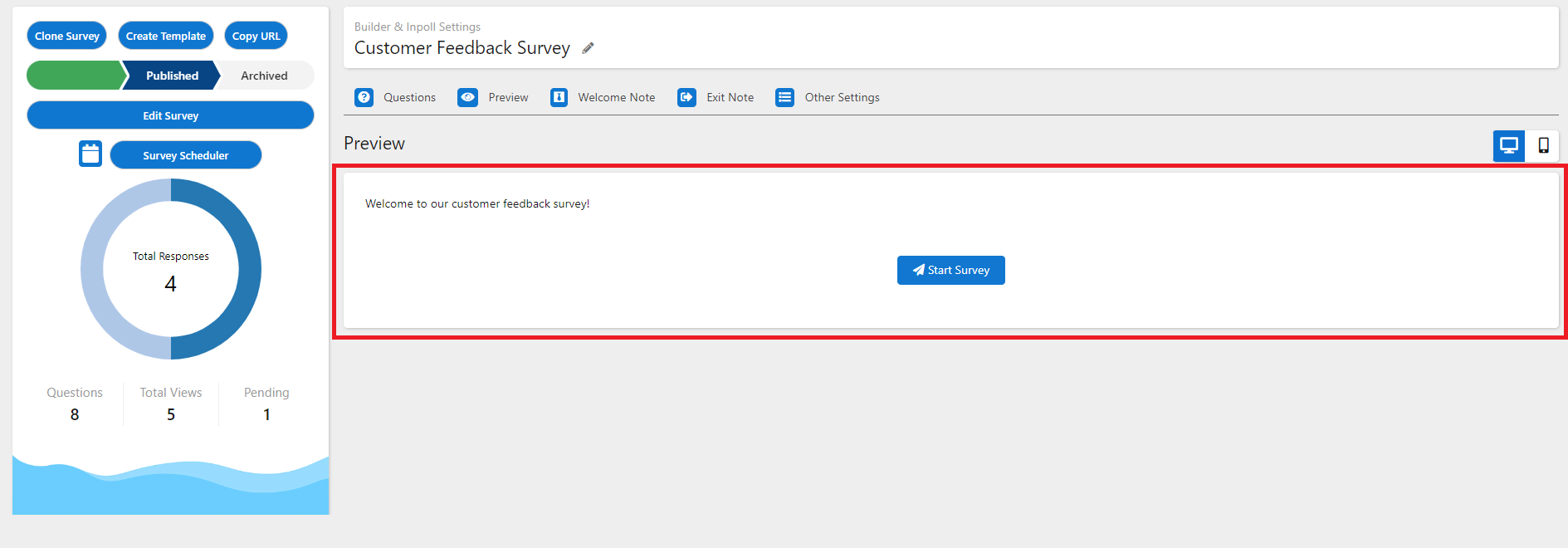 The Preview tab showing the welcome note text and a Start Survey button.