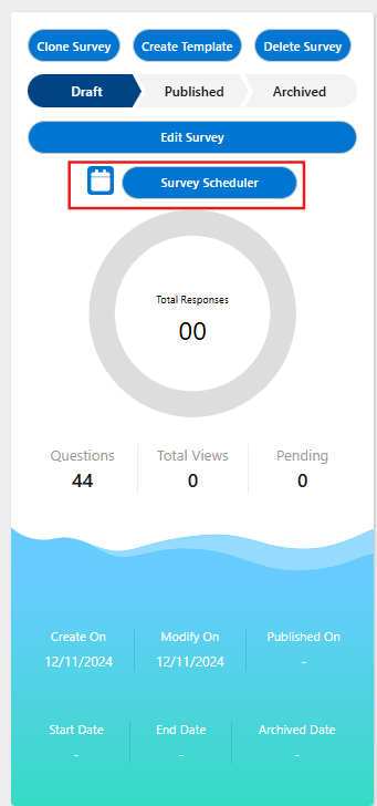 The panel on the left of a draft survey with the Survey Scheduler button highlighted under the Edit Survey button.