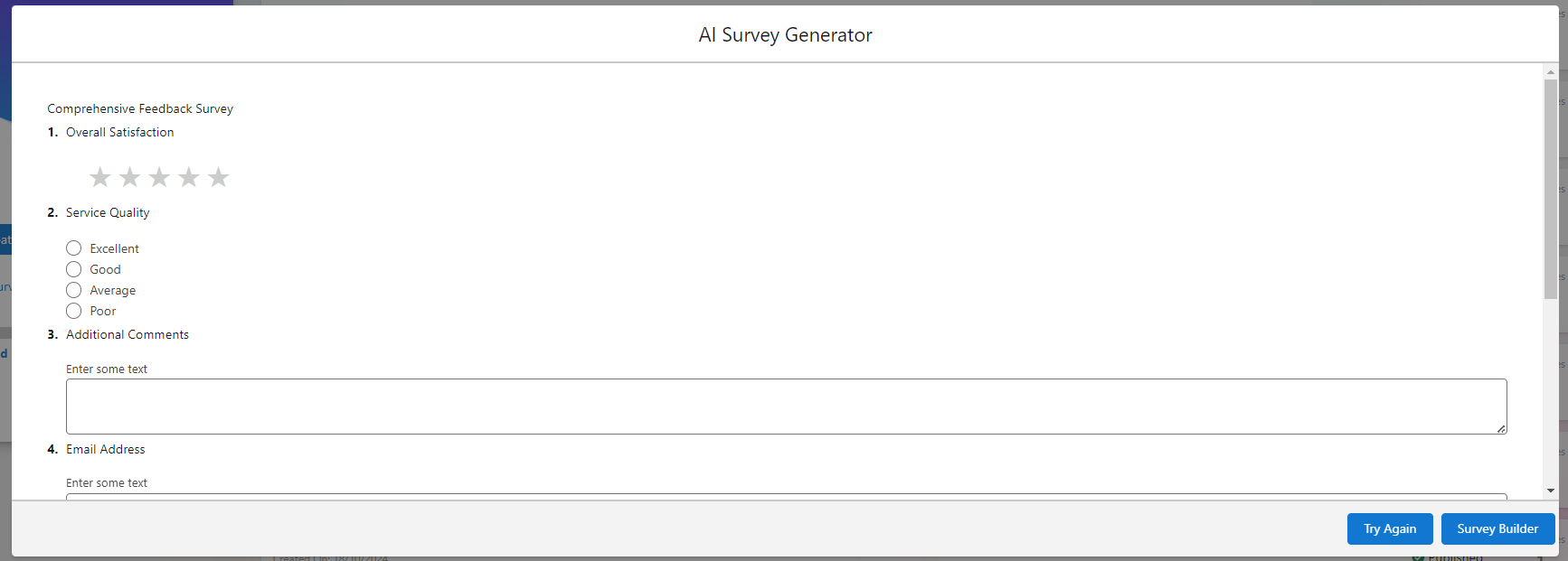 The AI Survey Generator dialog showing a preview of a generated survey with a star rating question, a multiple-choice question and text questions. The Try Again and Survey Builder buttons are at the bottom.