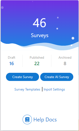 The survey summary card on the Surveys tab, with the Create Survey and Create AI Survey buttons.
