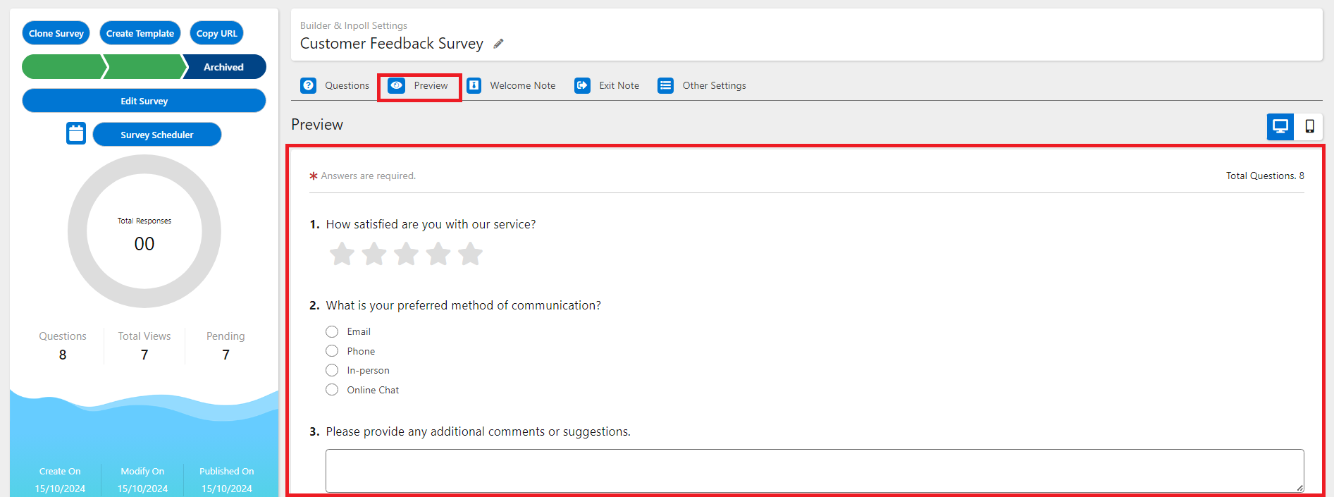 The Preview tab in default view, with several questions on one page.