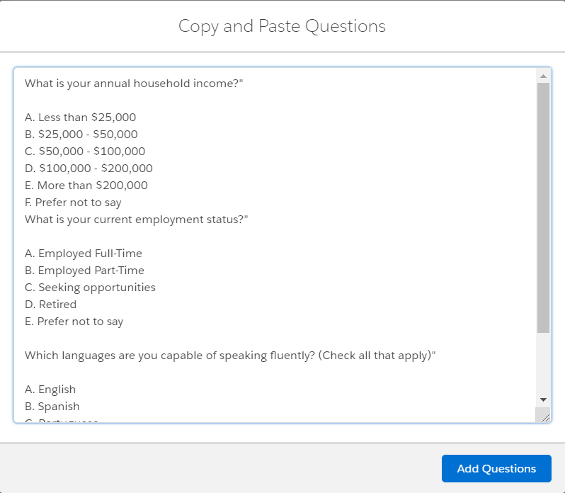 The Copy and Paste Questions window with a text box holding questions and answer choices, and the Add Questions button.
