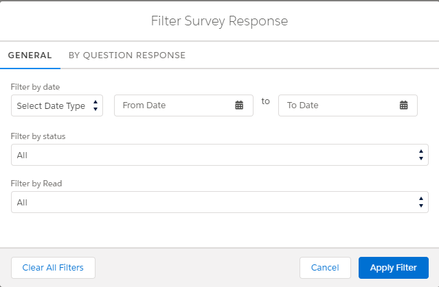 Filter Survey Response window with the General and By Question Response tabs.