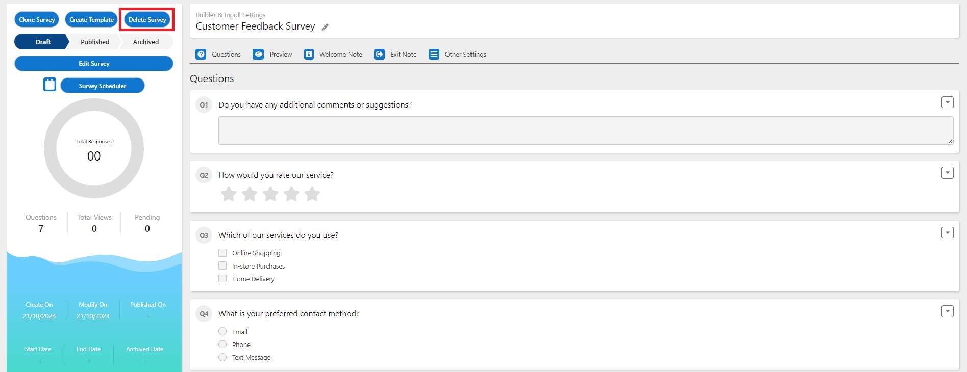 A draft survey with the Delete Survey button highlighted at the top of the panel on the left.