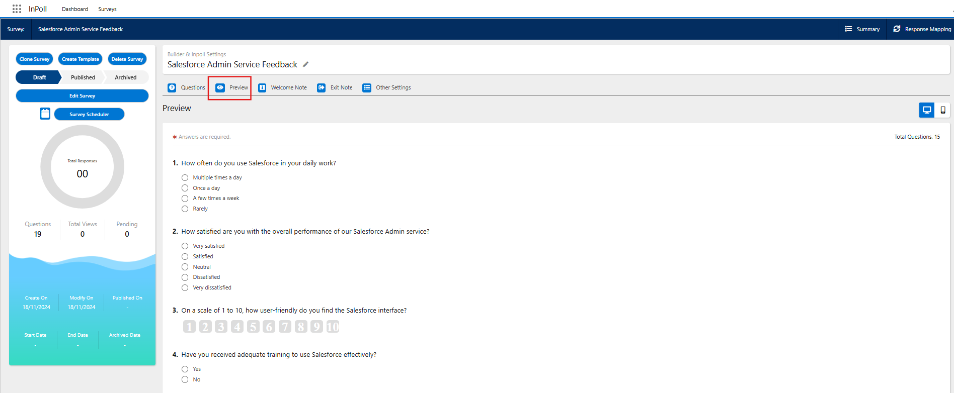 The Preview tab of a survey in the builder, with the questions shown as respondents see them and the desktop and mobile icons at the upper right.